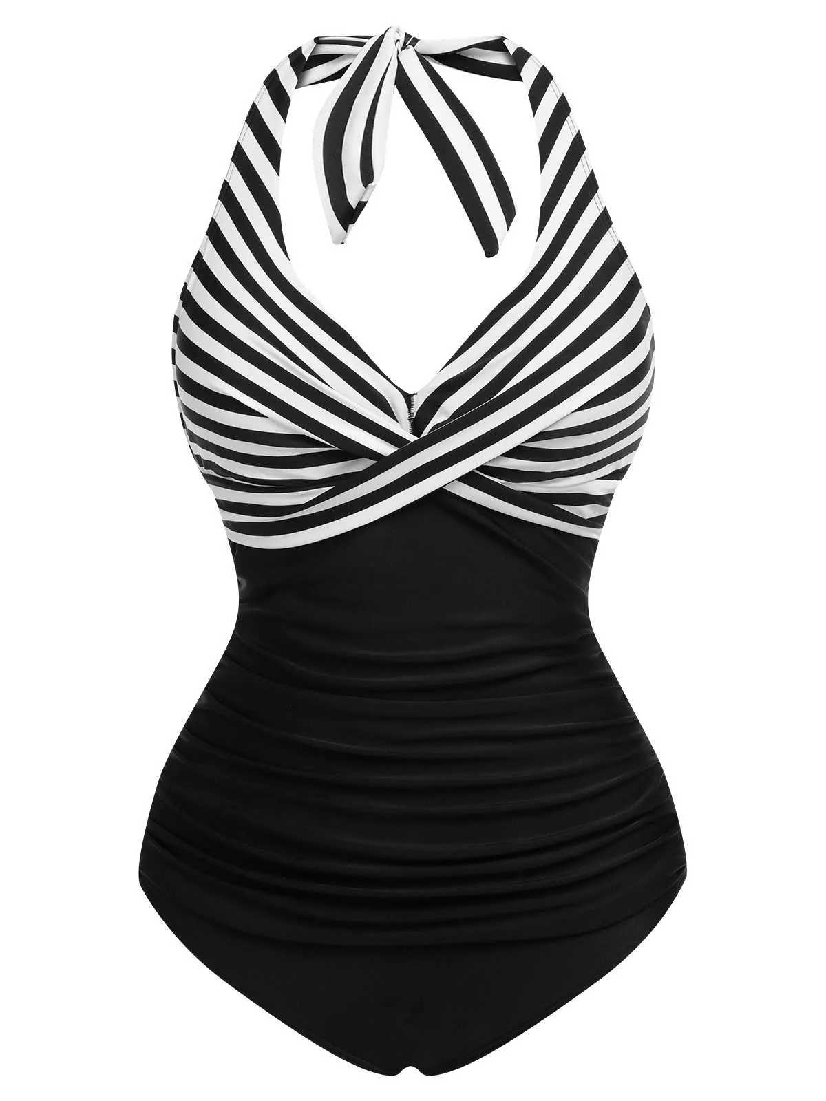 1950s Halter Stripes Floral One-Piece Swimsuit
