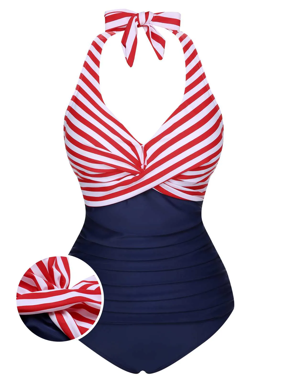 1950s Halter Stripes Floral One-Piece Swimsuit