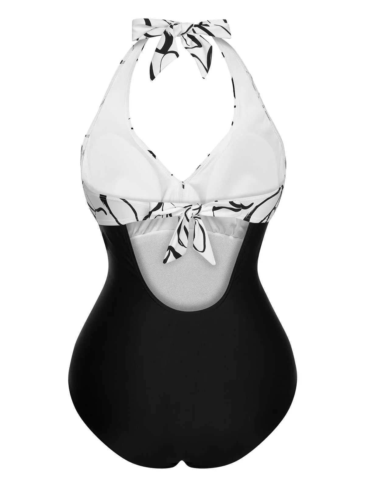 1950s Halter Stripes Floral One-Piece Swimsuit