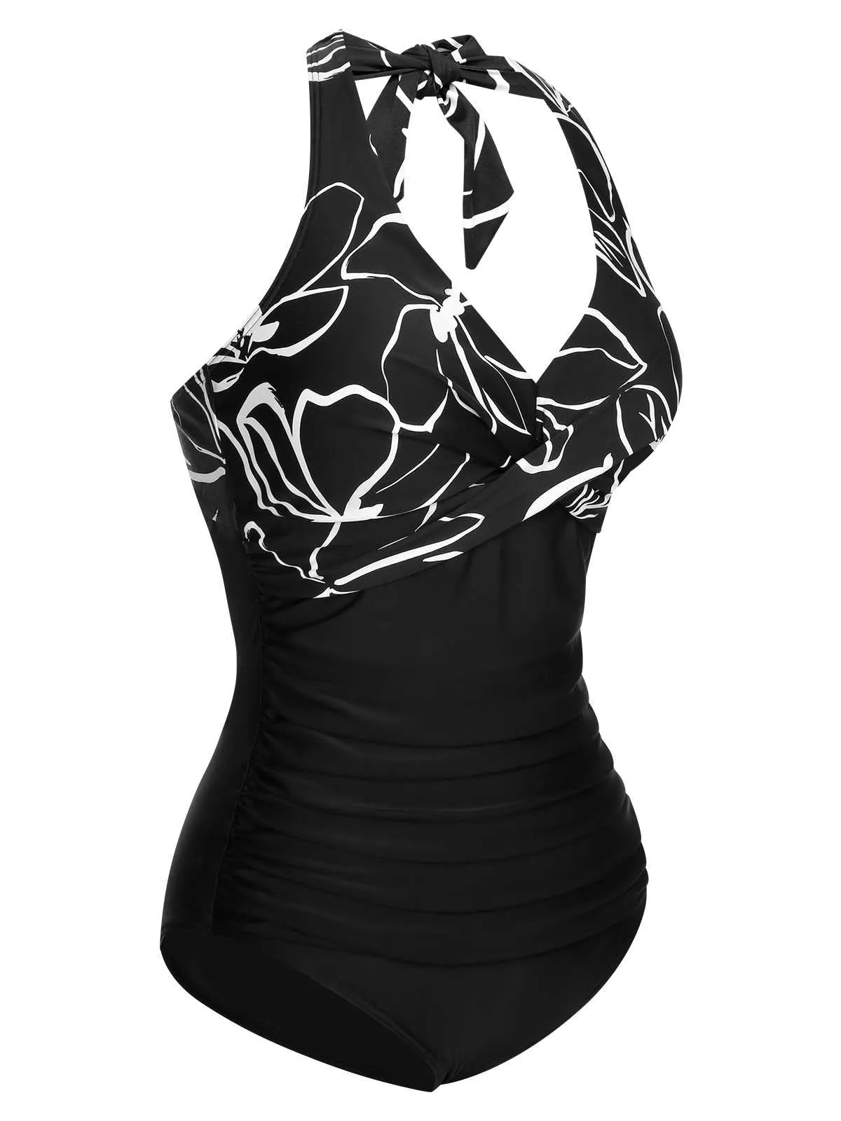1950s Halter Stripes Floral One-Piece Swimsuit