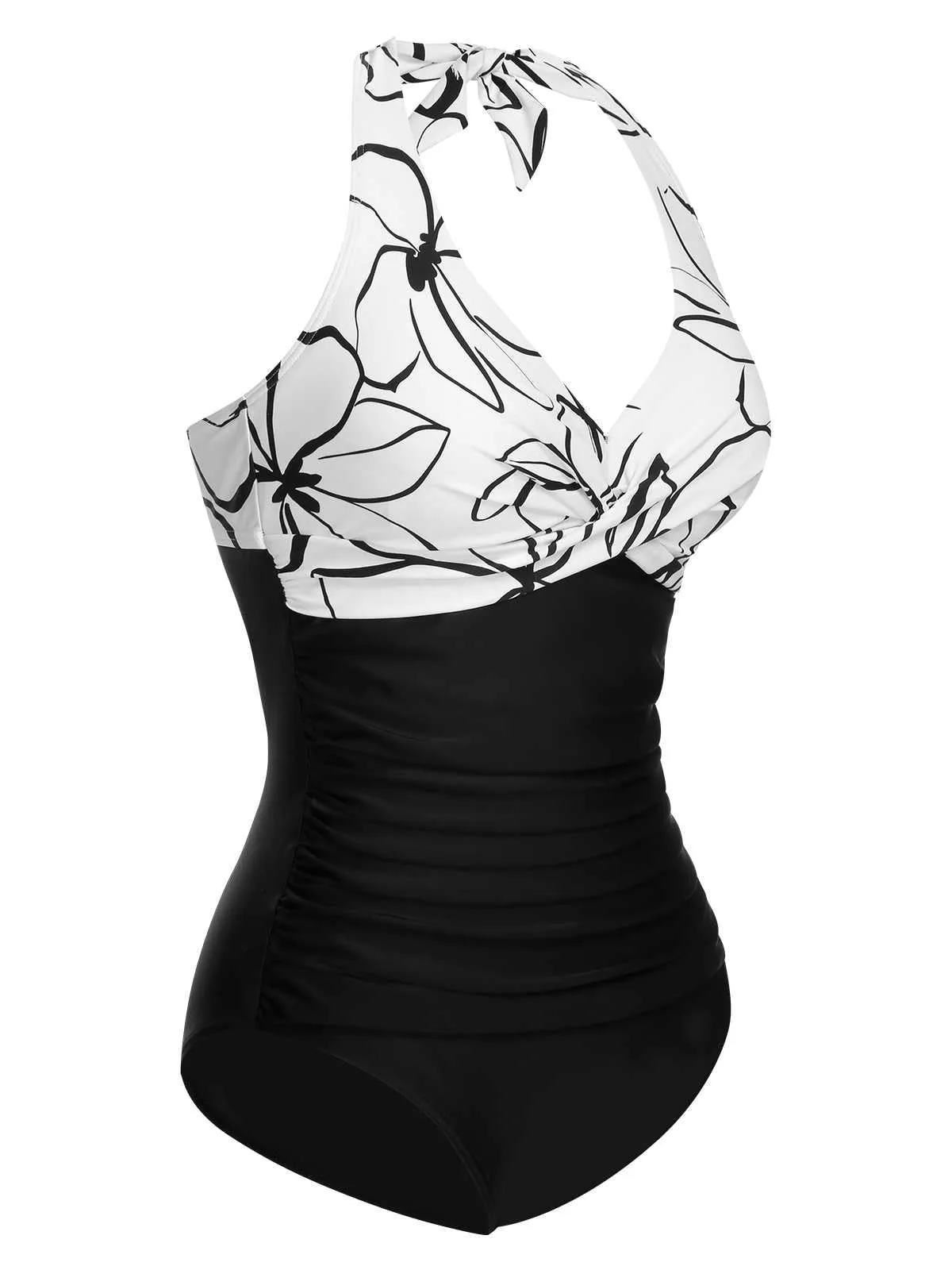 1950s Halter Stripes Floral One-Piece Swimsuit