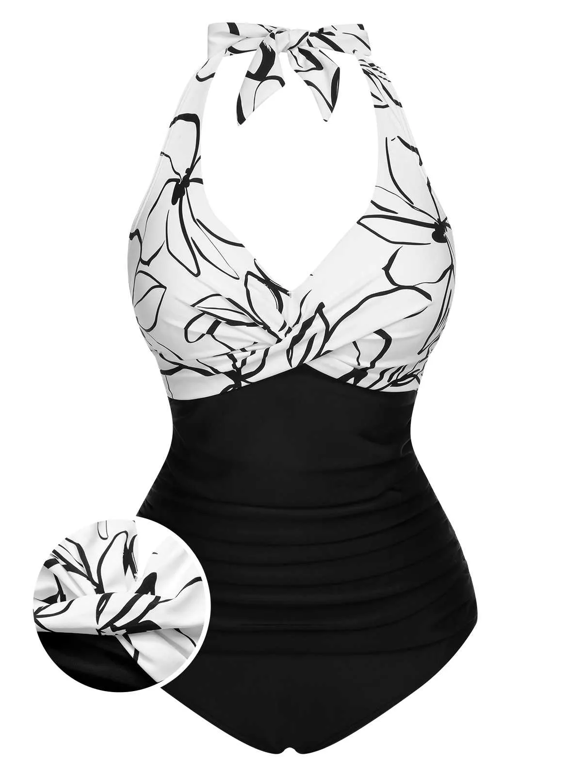 1950s Halter Stripes Floral One-Piece Swimsuit
