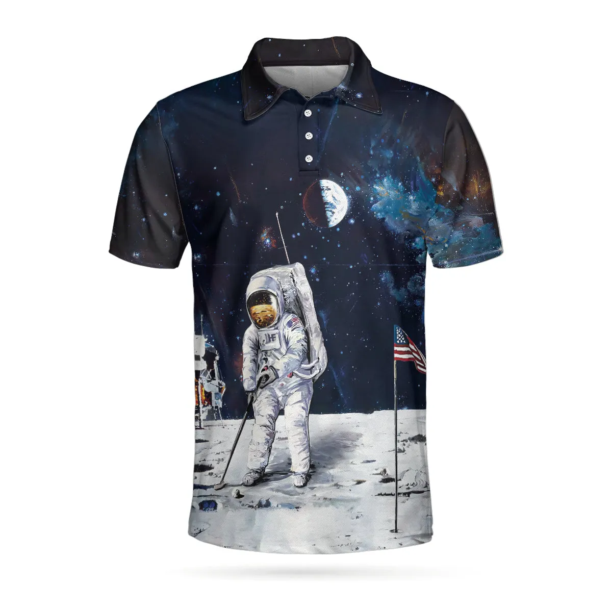 Astronaut Moon Golf Short Sleeve Polo Shirt For Golf, American Flag Polo Shirt, Best Golf Shirt For Men Coolspod