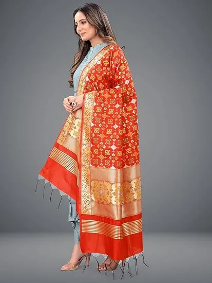 Attractive Red Colored Jacquard Banarasi Dupatta For Women