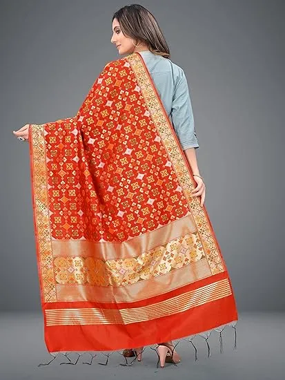 Attractive Red Colored Jacquard Banarasi Dupatta For Women