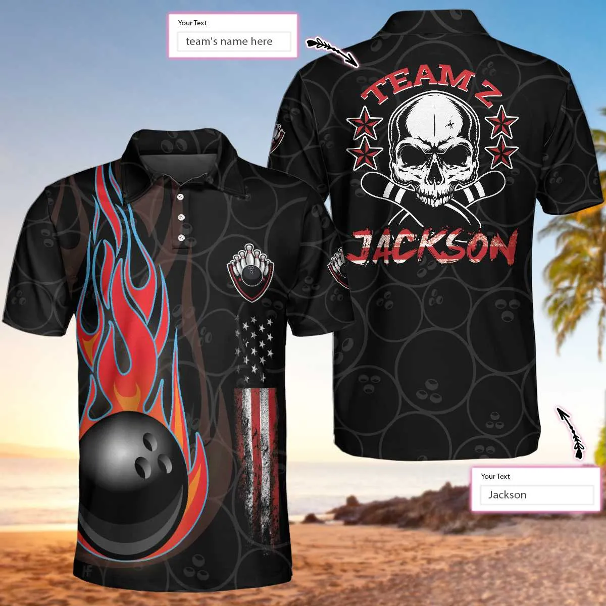 Bowling Team Skull Short Sleeve Custom Polo Shirt, Personalized Skull American Flag Polo Shirt, Bowling Shirt For Men Coolspod