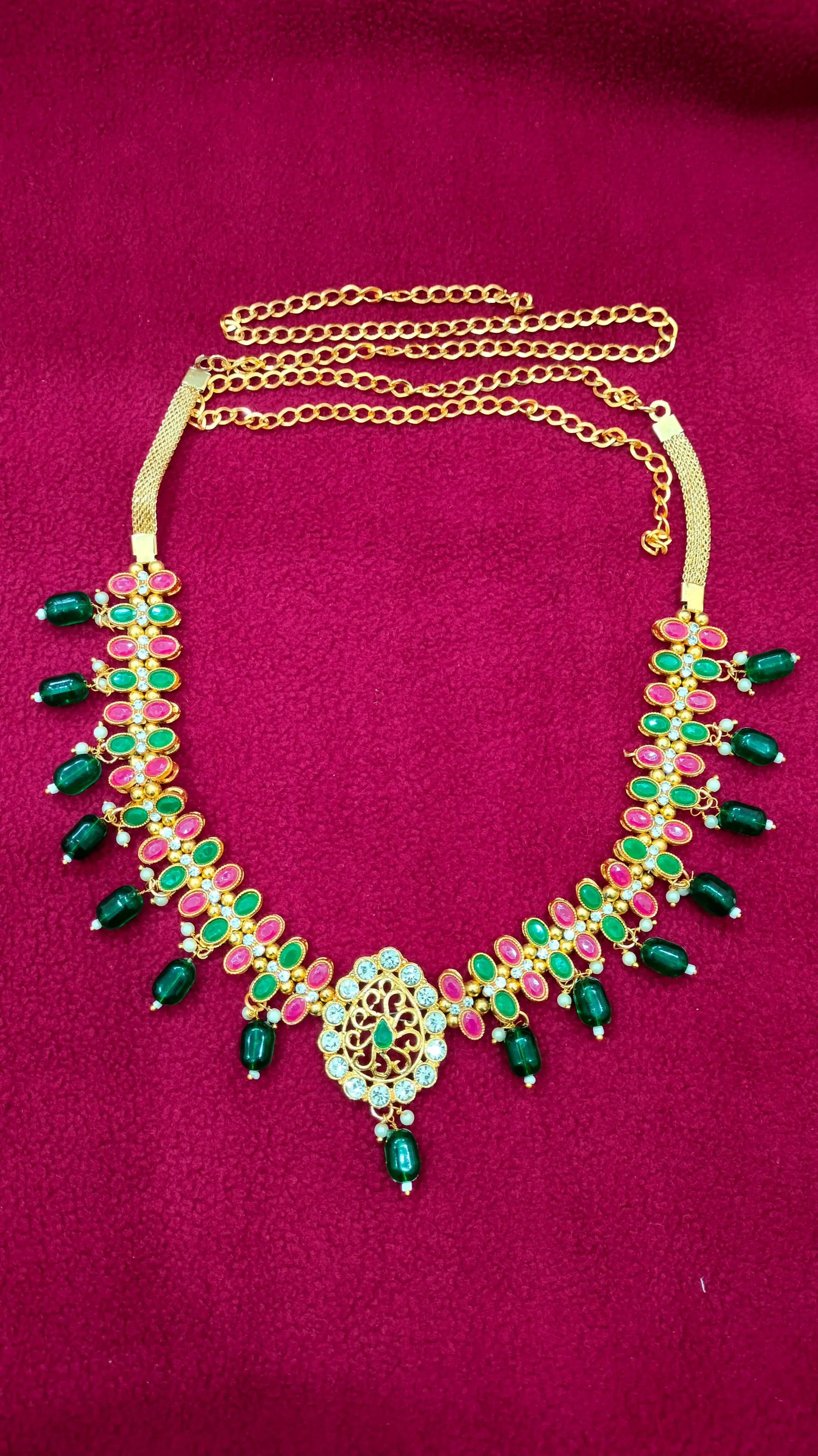 Charming Green Color Beads And Multi Color Stone Worked Antique Gold Hip Chain