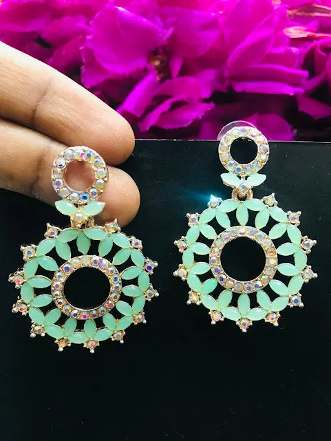 Charming Teal Green Colored American Diamond Earrings For Women