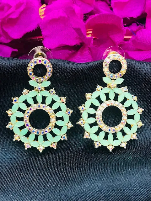 Charming Teal Green Colored American Diamond Earrings For Women