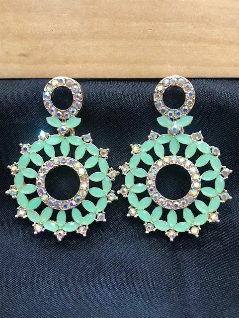 Charming Teal Green Colored American Diamond Earrings For Women