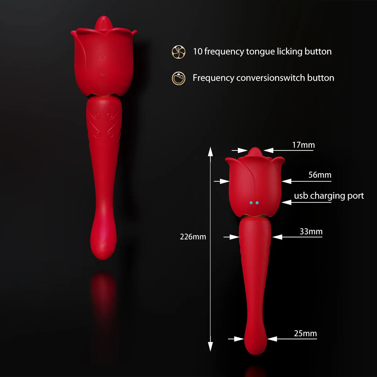 2-in-1 Rose G Spot Vibrator with Clit Clamps - Tongue Licking and Vibrating Dildo