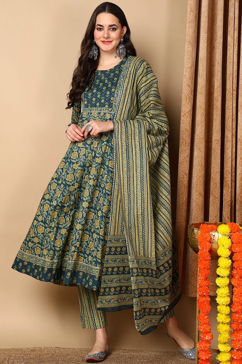Green Pure Cotton Floral Printed Flared Suit Set