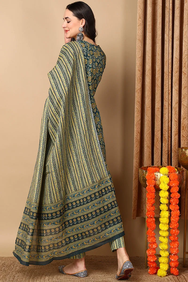 Green Pure Cotton Floral Printed Flared Suit Set