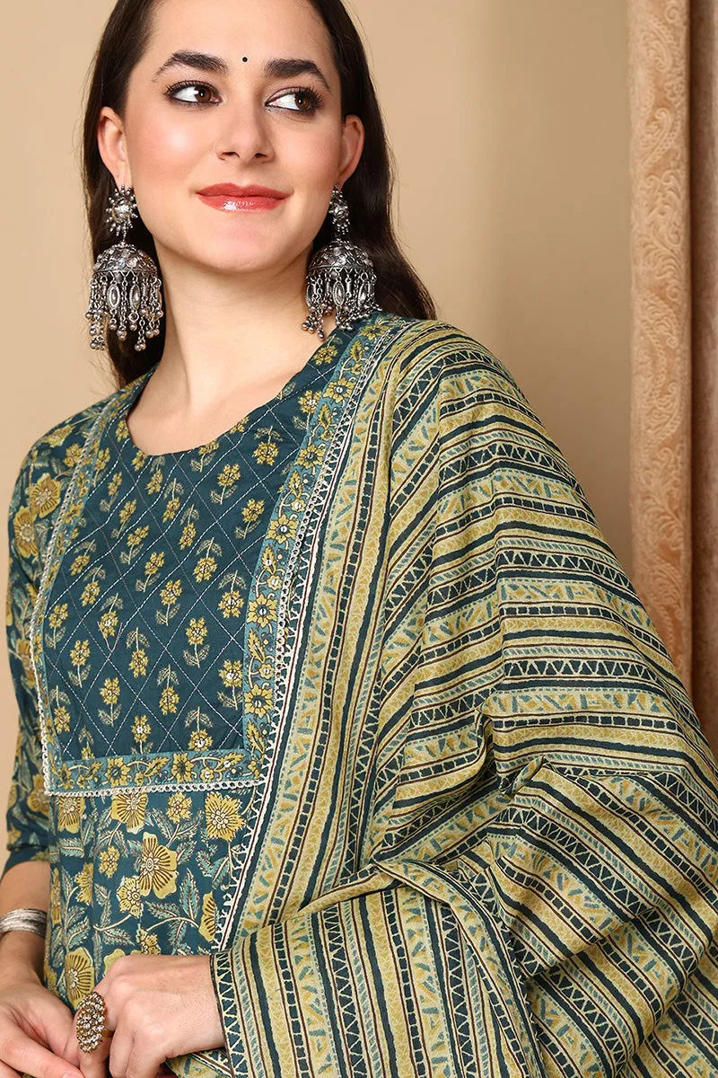 Green Pure Cotton Floral Printed Flared Suit Set