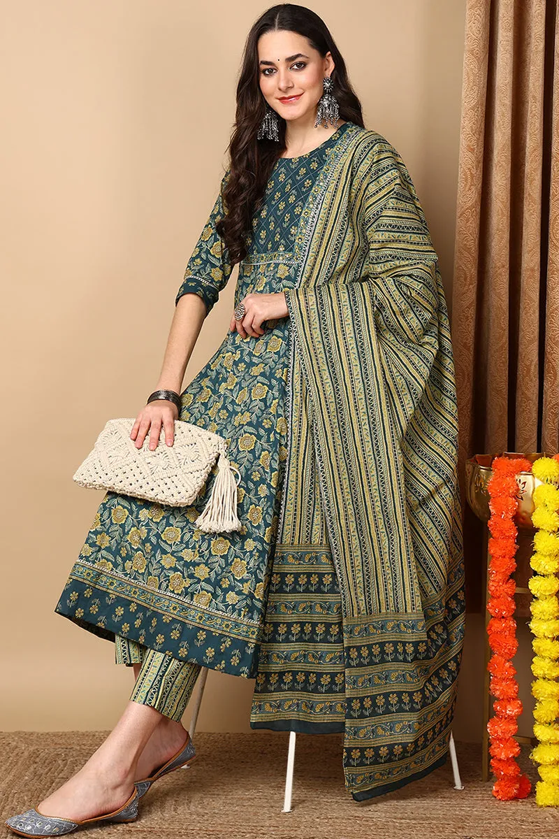 Green Pure Cotton Floral Printed Flared Suit Set