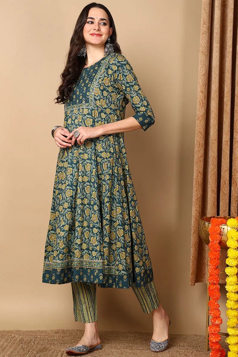 Green Pure Cotton Floral Printed Flared Suit Set