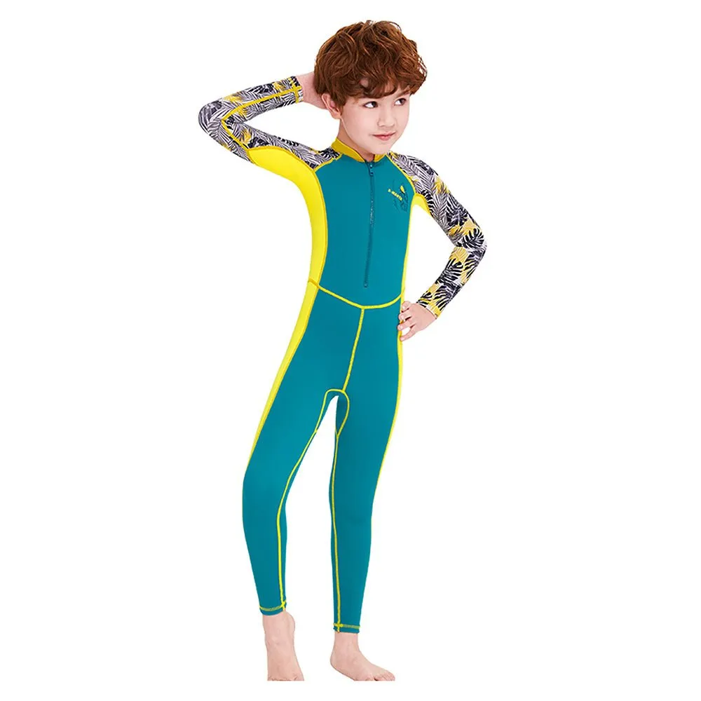 Little Surprise Box Full Sleeves Kids Swimwear Yellow & Green Palm Leaves printed Sleeves, UPF 50 