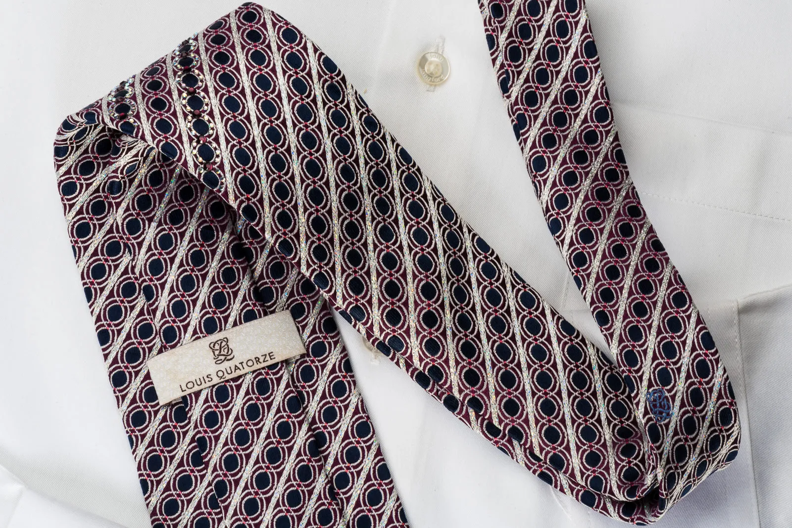 Louis Quatorze Rhinestone Necktie Silver Stripes On Blue With Silver Sparkles