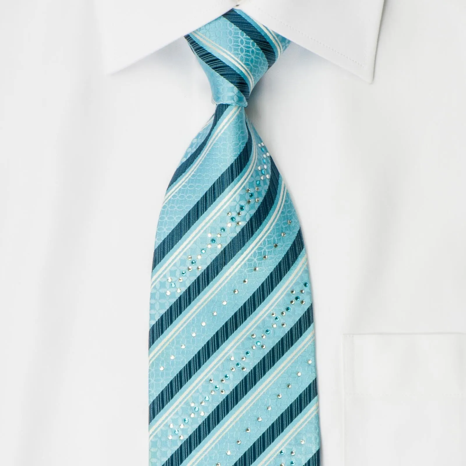 Louis Quatorze Silk Necktie Elegant Blue & White Stripes With Crystal Rhinestone