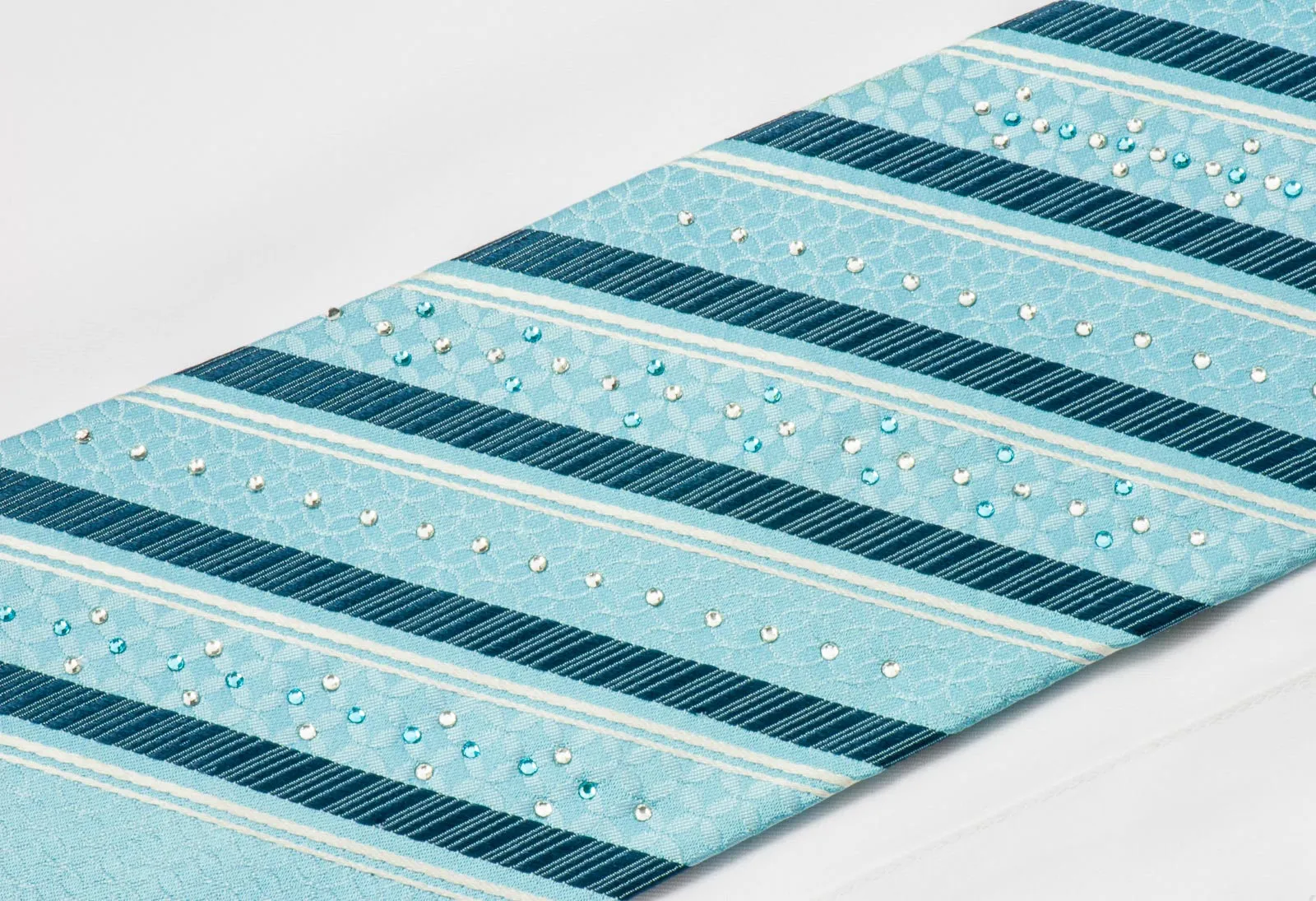 Louis Quatorze Silk Necktie Elegant Blue & White Stripes With Crystal Rhinestone