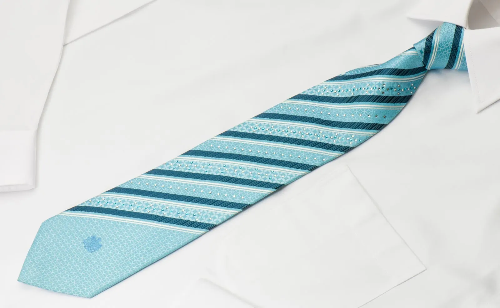Louis Quatorze Silk Necktie Elegant Blue & White Stripes With Crystal Rhinestone