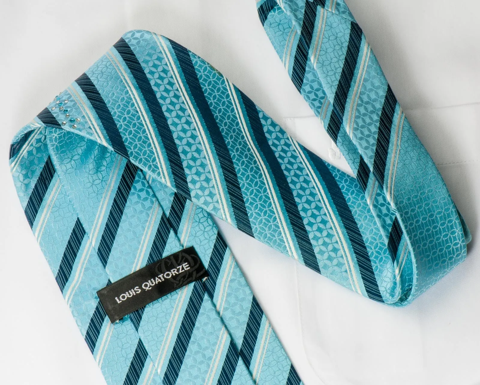 Louis Quatorze Silk Necktie Elegant Blue & White Stripes With Crystal Rhinestone