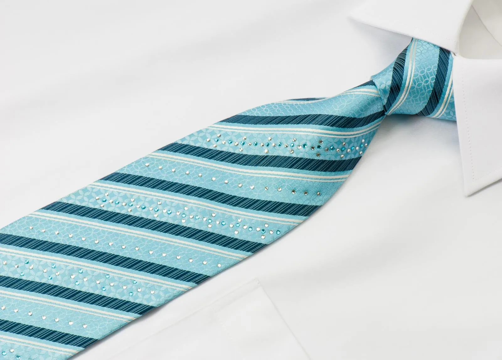 Louis Quatorze Silk Necktie Elegant Blue & White Stripes With Crystal Rhinestone