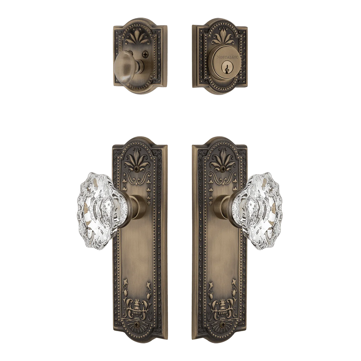 Meadows Entry Set with Chateau Crystal Knob in Antique Brass