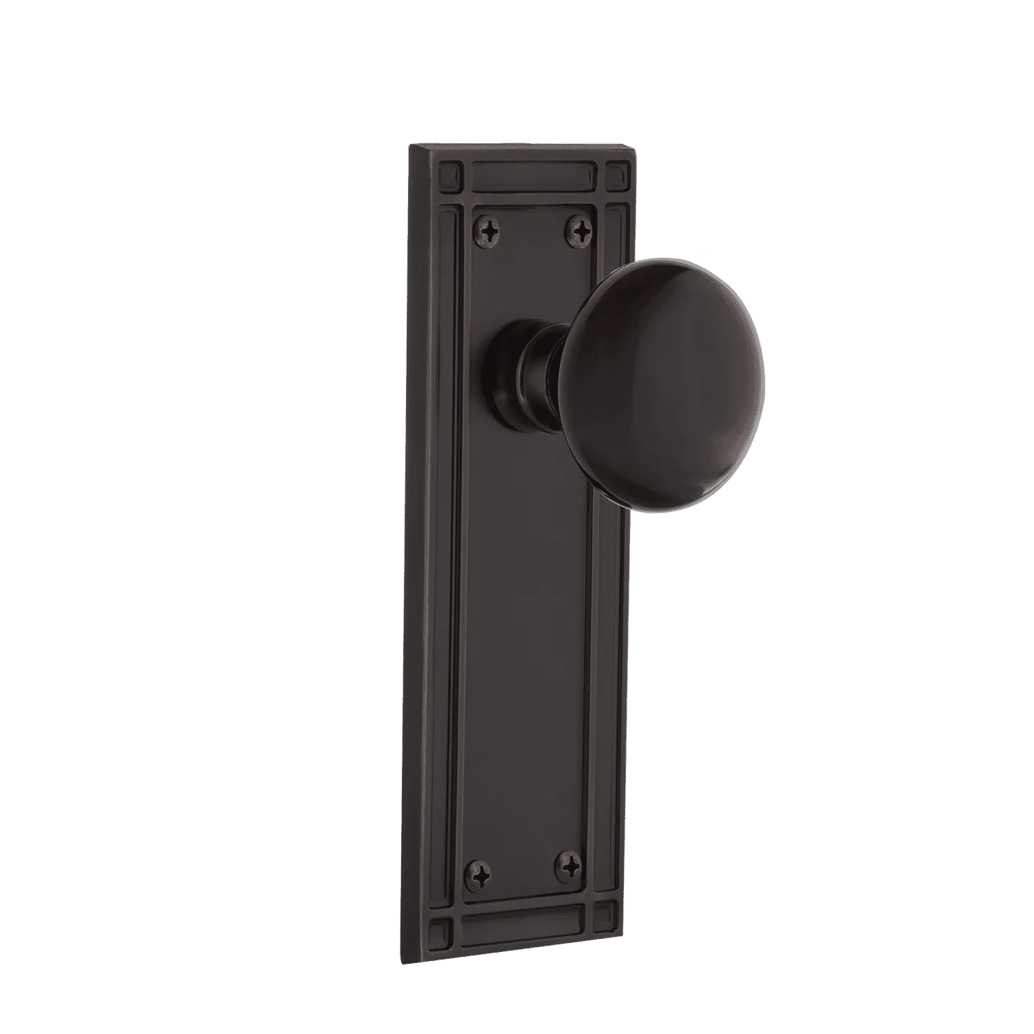 Mission Long Plate with Black Porcelain Knob in Timeless Bronze
