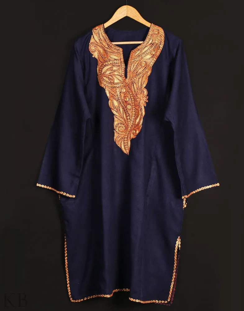 Navy Blue Tilla Embroidered Cashmilon Phiran