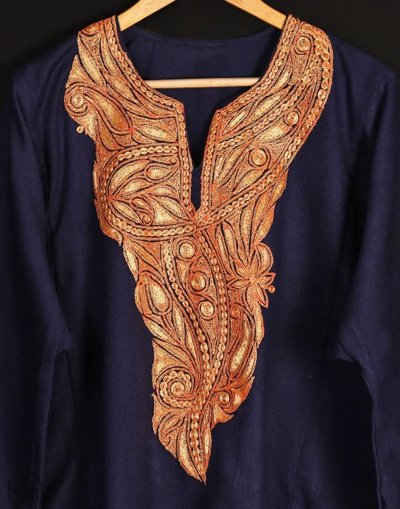 Navy Blue Tilla Embroidered Cashmilon Phiran