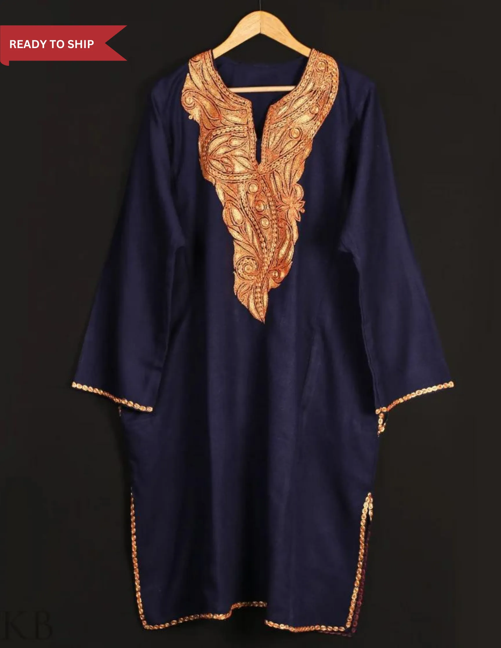 Navy Blue Tilla Embroidered Cashmilon Phiran