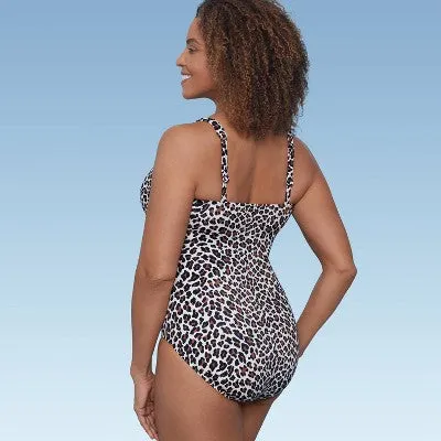 New - Aqua Green Shape   Style Women's Ruched One Piece Swimsuit V-Neck Animal Print 6