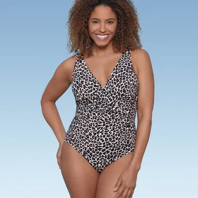 New - Aqua Green Shape   Style Women's Ruched One Piece Swimsuit V-Neck Animal Print 6