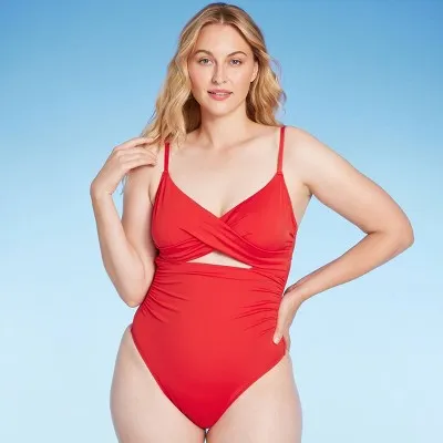 New - Shade & Shore Women's Underwire Cheeky One Piece Swimsuit High Leg, Red 36DD