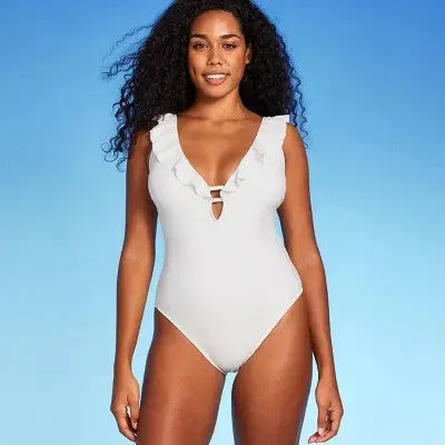 New - Women's Ruffle Plunge One Piece Swimsuit - Shade & Shore Off-White L