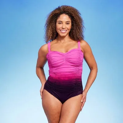 New - Women's UPF 50 Sweetheart Neck Seamed One Piece Swimsuit - Shape   Style by Aqua Green® Multi Pink 8