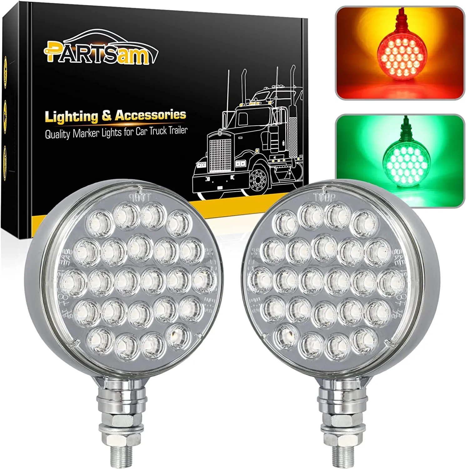 Partsam 2x 4 Dual Revolution Amber/Red/Green Round Double Face 48 Diode Marker/Turn Signal and Auxiliary Led Pedestal Light with Chrome Housing Sealed Replacement for Kenworth/Peterbilt/Freightliner