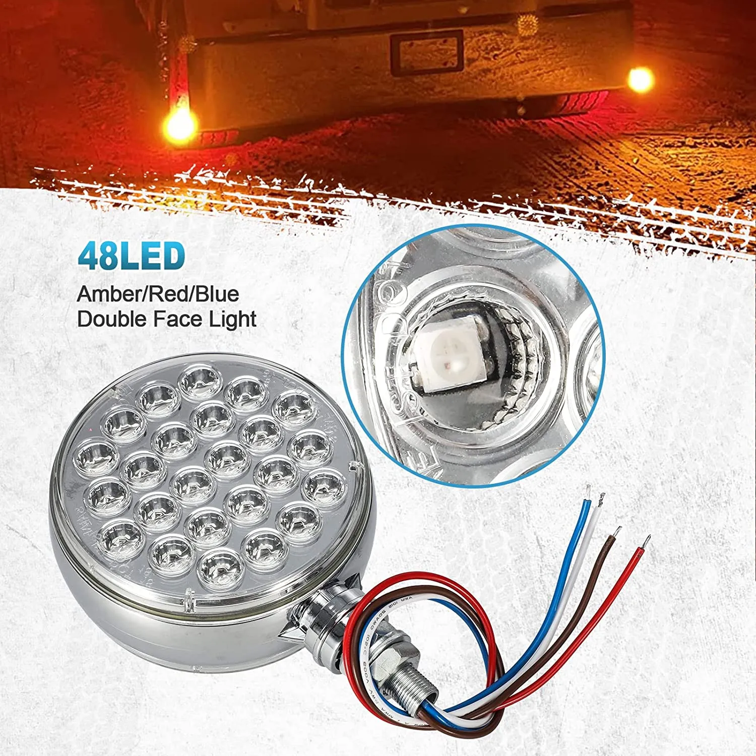 Partsam 2x 4 Dual Revolution Amber/Red/Green Round Double Face 48 Diode Marker/Turn Signal and Auxiliary Led Pedestal Light with Chrome Housing Sealed Replacement for Kenworth/Peterbilt/Freightliner