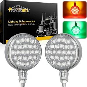 Partsam 2x 4 Dual Revolution Amber/Red/Green Round Double Face 48 Diode Marker/Turn Signal and Auxiliary Led Pedestal Light with Chrome Housing Sealed Replacement for Kenworth/Peterbilt/Freightliner