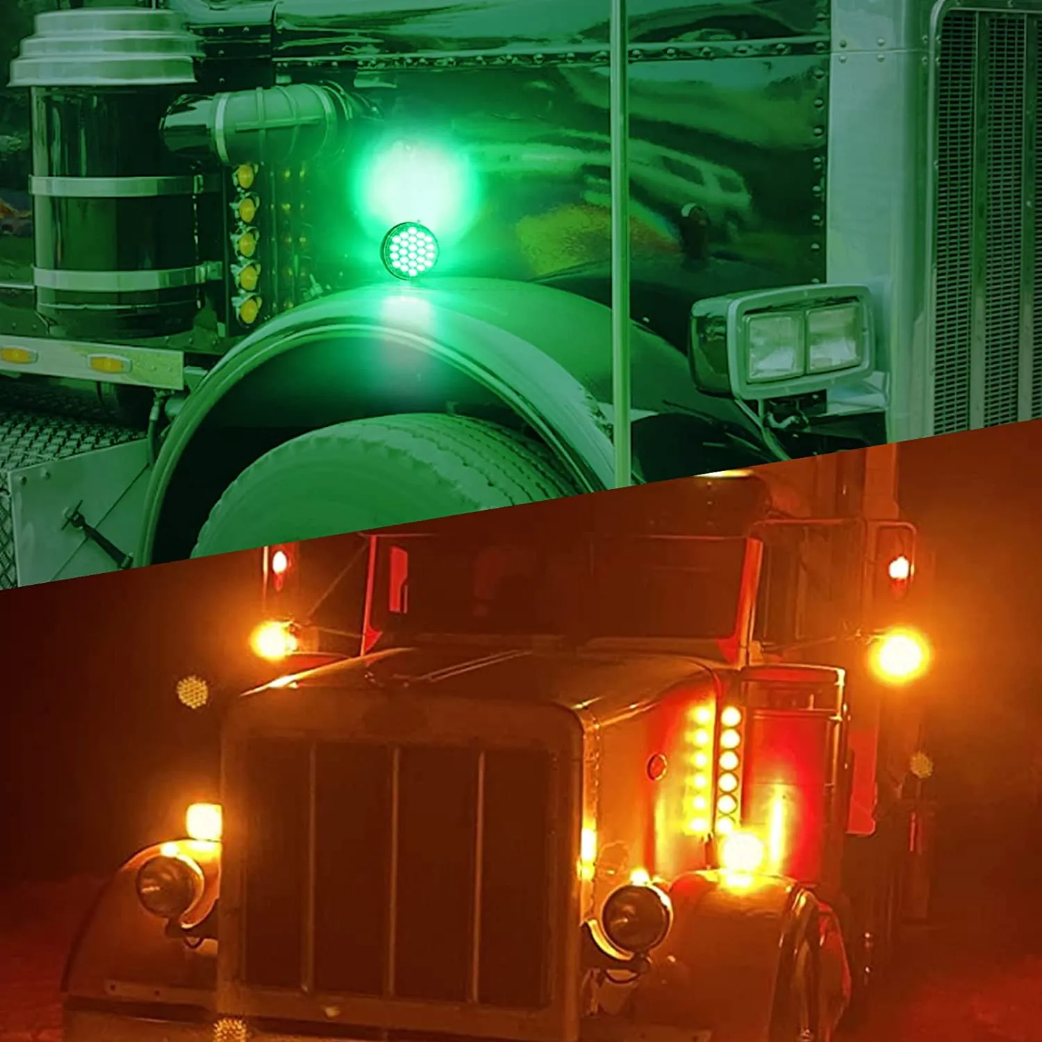 Partsam 2x 4 Dual Revolution Amber/Red/Green Round Double Face 48 Diode Marker/Turn Signal and Auxiliary Led Pedestal Light with Chrome Housing Sealed Replacement for Kenworth/Peterbilt/Freightliner