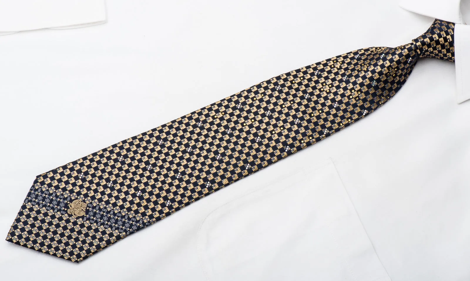 Renoma Mens Rhinestone Tie Gold Navy Checkered Silk With Silver Sparkles