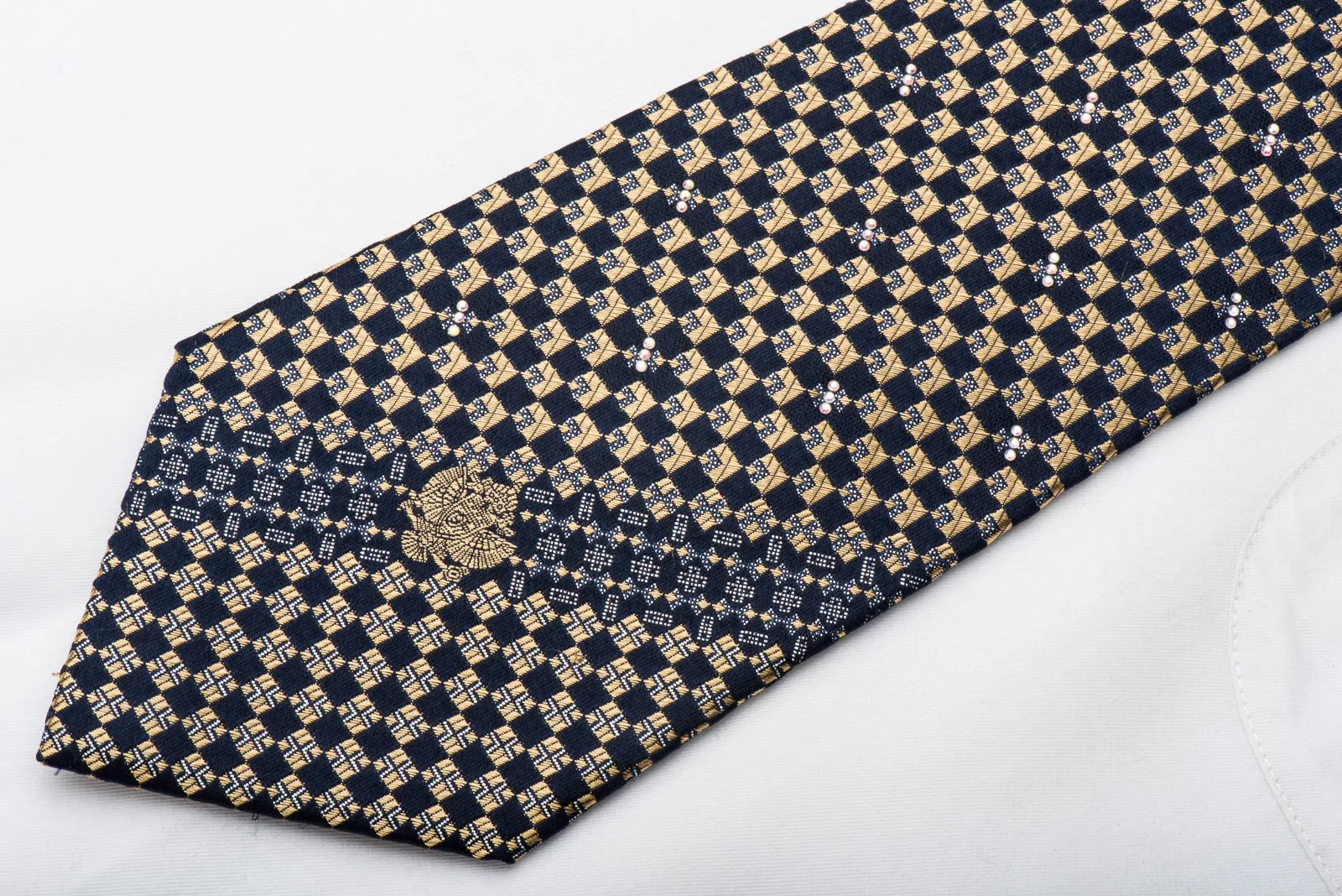 Renoma Mens Rhinestone Tie Gold Navy Checkered Silk With Silver Sparkles