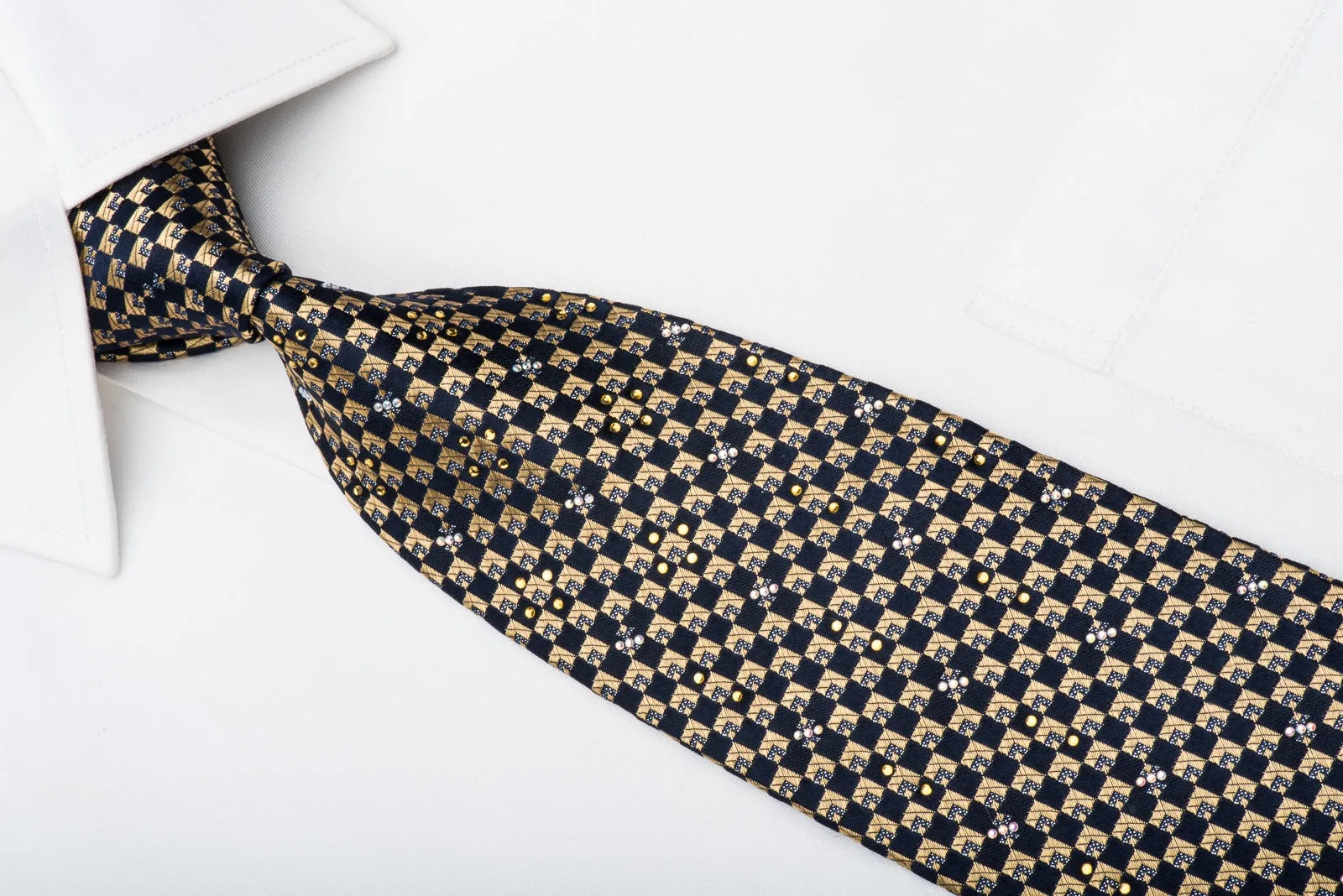 Renoma Mens Rhinestone Tie Gold Navy Checkered Silk With Silver Sparkles
