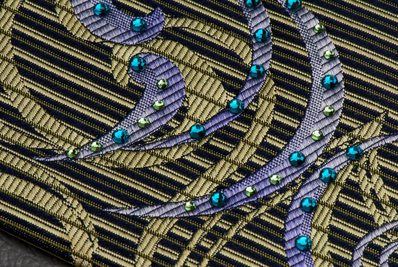 Renoma Rhinestones Silk Neck Tie Scrolls, Stripes & Dots On Olive Green