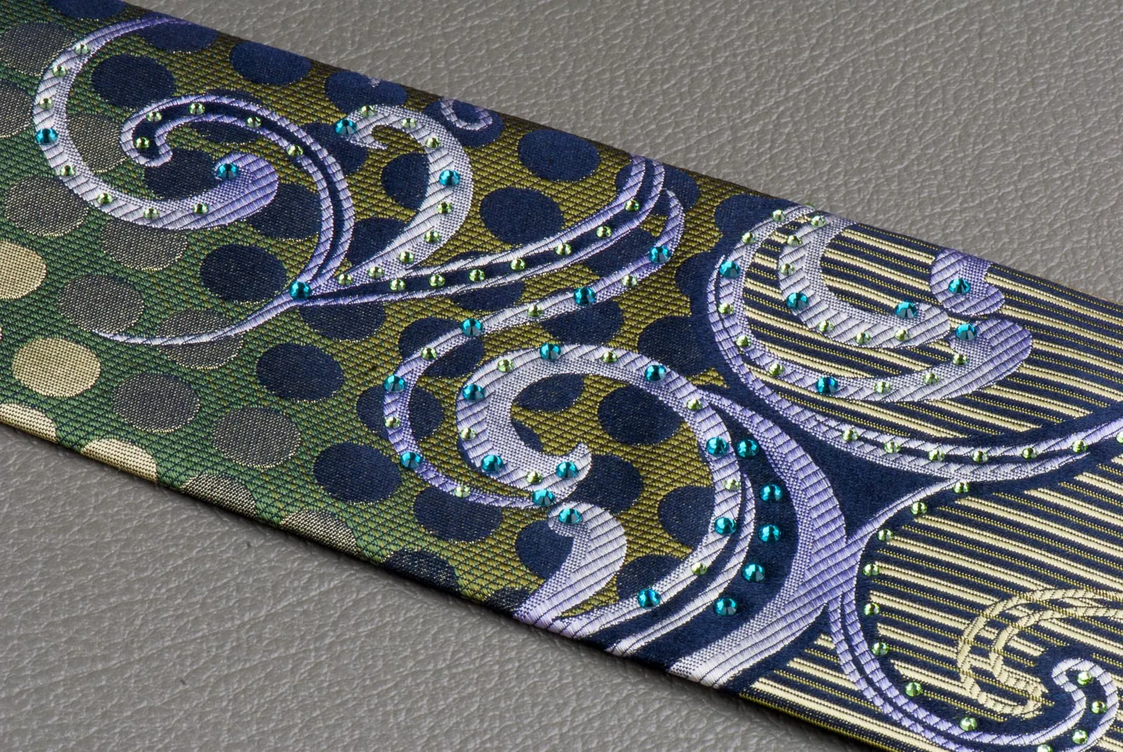 Renoma Rhinestones Silk Neck Tie Scrolls, Stripes & Dots On Olive Green