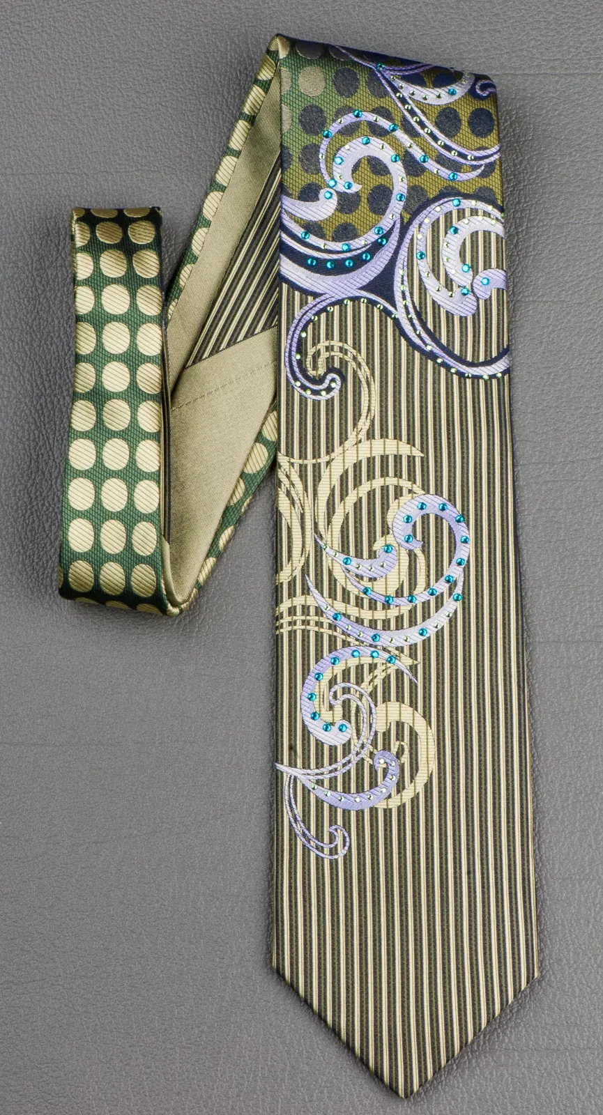 Renoma Rhinestones Silk Neck Tie Scrolls, Stripes & Dots On Olive Green