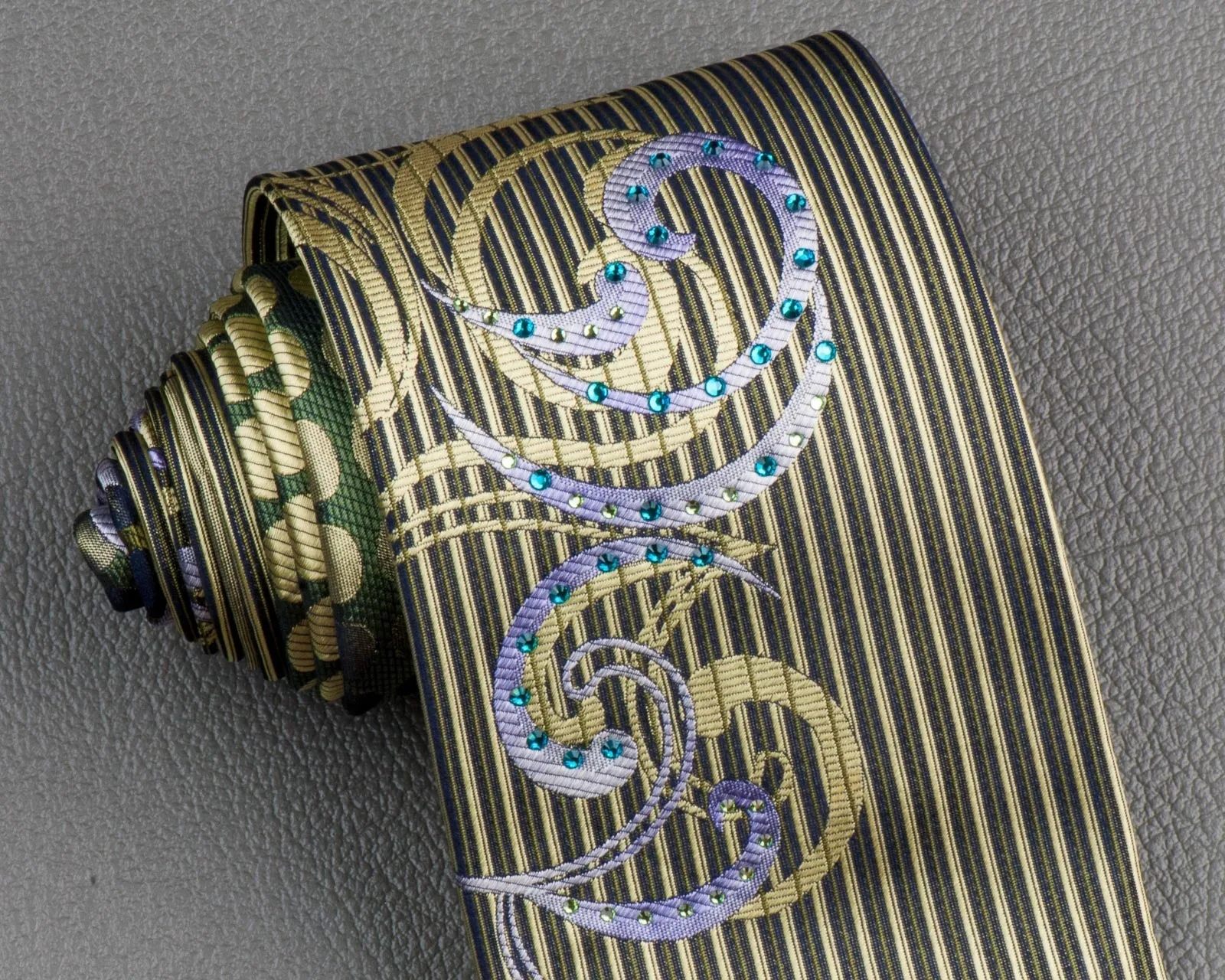 Renoma Rhinestones Silk Neck Tie Scrolls, Stripes & Dots On Olive Green