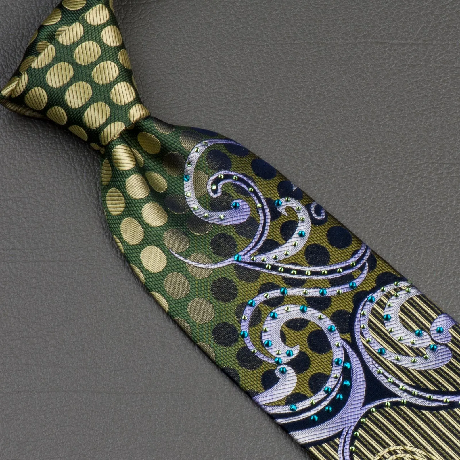 Renoma Rhinestones Silk Neck Tie Scrolls, Stripes & Dots On Olive Green