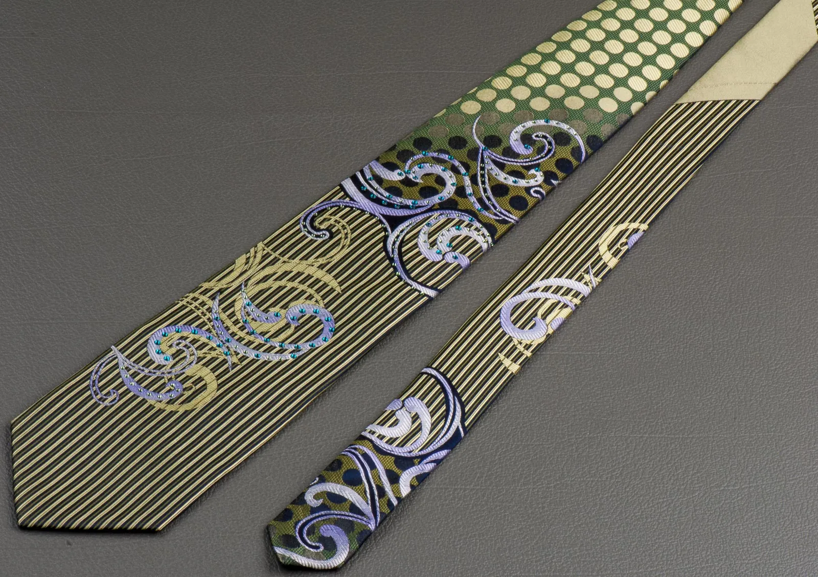 Renoma Rhinestones Silk Neck Tie Scrolls, Stripes & Dots On Olive Green